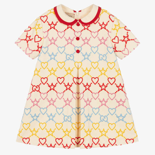 Gucci-Кремовое платье с вышитым принтом GG | Childrensalon
