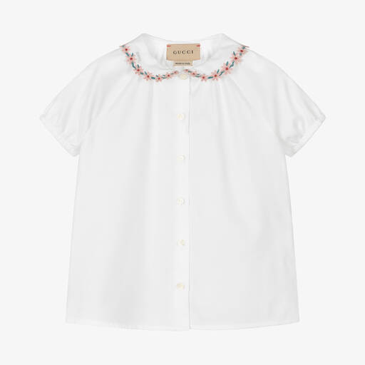 Gucci-Baby Girls White Cotton Embroidered Blouse | Childrensalon
