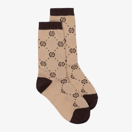 Gucci-Бежево-коричневые хлопковые носки с принтом GG | Childrensalon