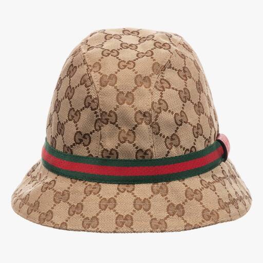 Gucci-Бежево-коричневая шапка с принтом GG | Childrensalon