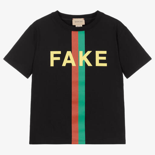 Gucci-Schwarzes Baumwoll-T-Shirt "Fake/Not" | Childrensalon