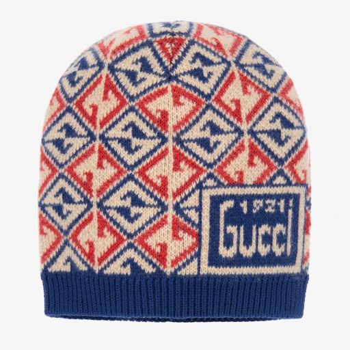 Gucci-Сине-красная шерстяная шапка с принтом GG | Childrensalon