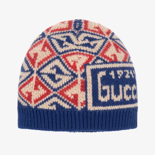 Gucci-قبعة مزيج قطن وصوف محبوك لون أحمر وأزرق للأطفال | Childrensalon