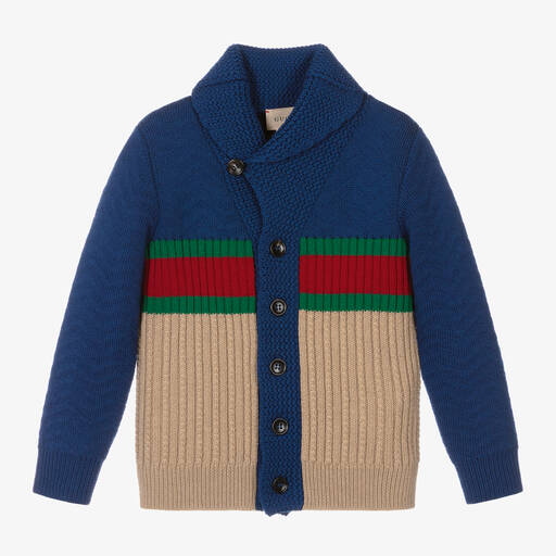 Gucci-Boys Blue & Beige Wool-Knit Web Cardigan | Childrensalon