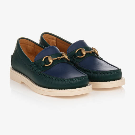 Gucci-Boys Blue & Green Leather Horsebit Loafers | Childrensalon