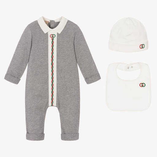 Gucci-طقم بِدلة أوفرول قطن لون رمادي للمواليد | Childrensalon