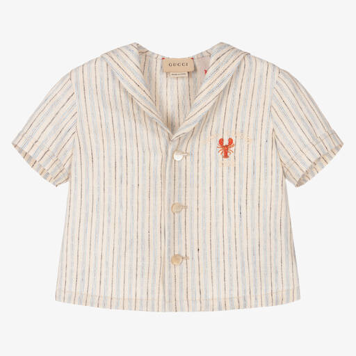Gucci-قميص أطفال ولادي كتان مقلم لون عاجي وأزرق | Childrensalon