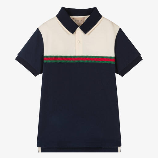 Gucci-Boys Navy Blue Cotton Web Polo Shirt | Childrensalon