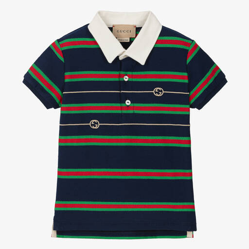 Gucci-Boys Navy Blue Striped Web Polo Shirt | Childrensalon