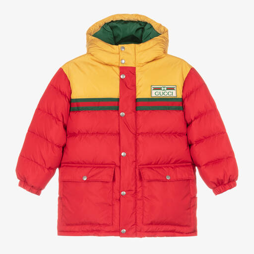 Gucci-Boys Red & Yellow Hooded Puffer Coat | Childrensalon