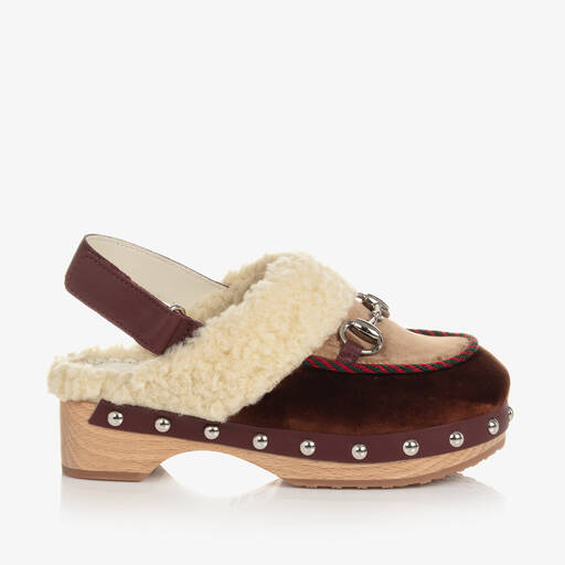 Gucci-Brown & Beige Velvet Clog Sandals | Childrensalon