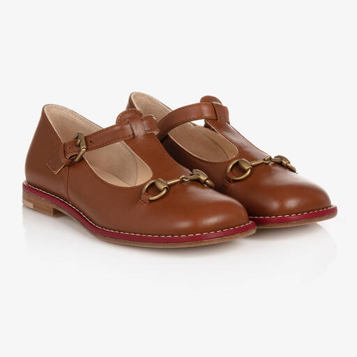 Gucci-Brown Leather T-Bar Shoes | Childrensalon