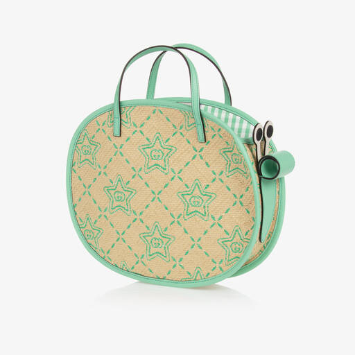 Gucci-حقيبة قطن رافيا لون بيج وأخضر للبنات (23 سم) | Childrensalon