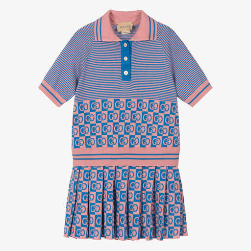 Gucci-Girls Blue & Pink GG Knitted Dress | Childrensalon