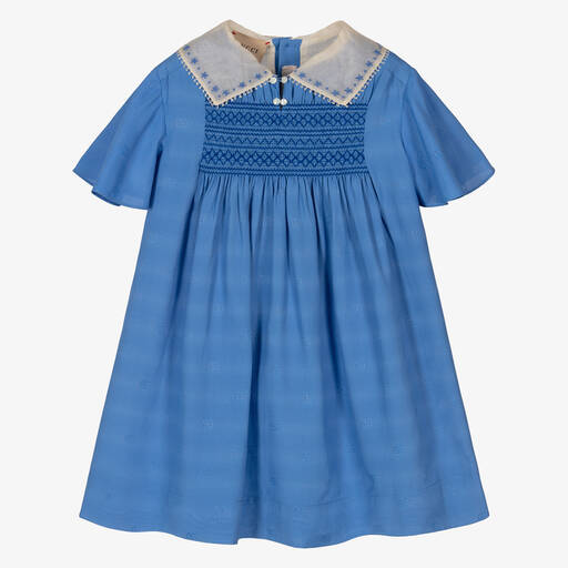 Gucci-فستان مطرز سموكينغ قطن لون أزرق | Childrensalon