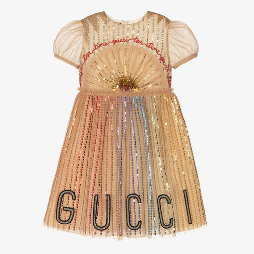 Gucci-Girls Gold Sequined Tulle Dress | Childrensalon