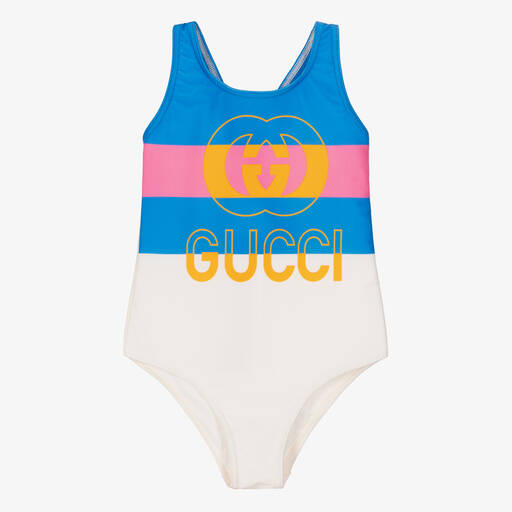 Gucci-Girls Ivory & Blue Interlocking G Swimsuit | Childrensalon