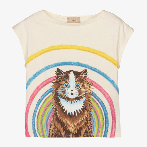 Gucci-Girls Ivory Cat T-Shirt | Childrensalon