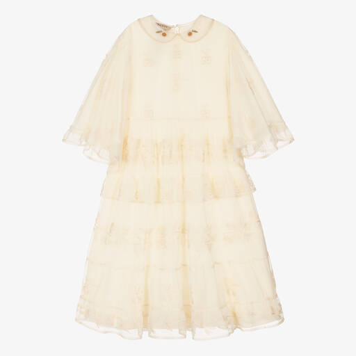 Gucci-Кремовое платье из хлопка и тюля с принтом GG | Childrensalon