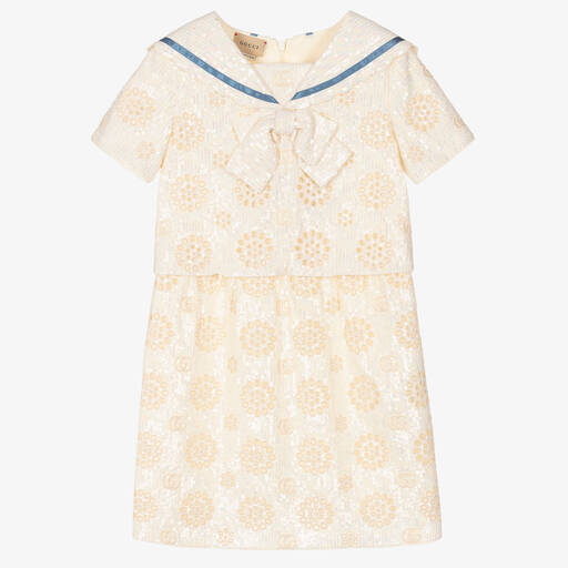 Gucci-Кремовое платье с принтом GG из пайеток | Childrensalon