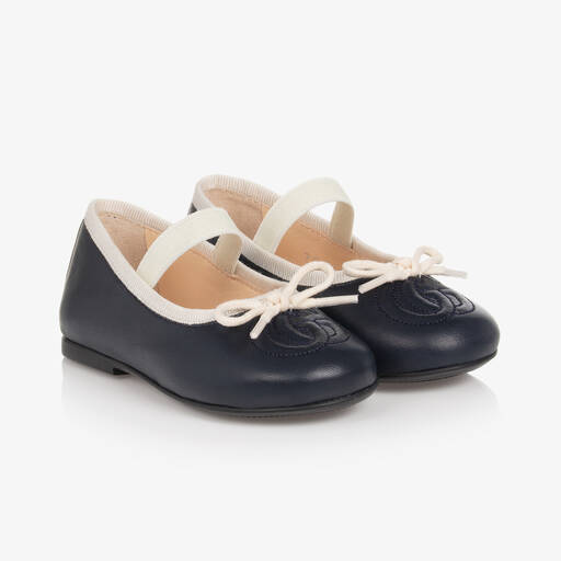 Gucci-Girls Navy Blue Leather Ballerina Shoes | Childrensalon