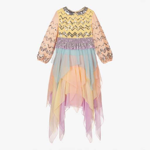 Gucci-فستان حرير بطبعة ملونة مزين بترتر | Childrensalon