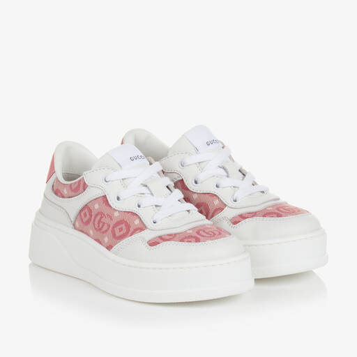 Gucci-Baskets cuir blanc et rose fille | Childrensalon