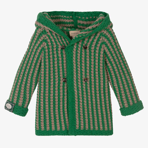 Gucci-Зелено-бежевый шерстяной кардиган с капюшоном | Childrensalon