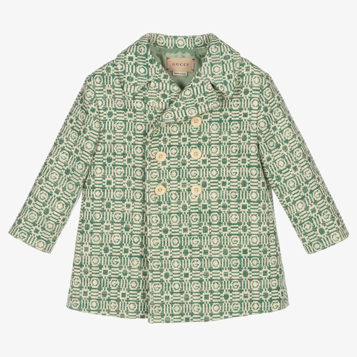 Gucci-Manteau vert et ivoire en coton | Childrensalon