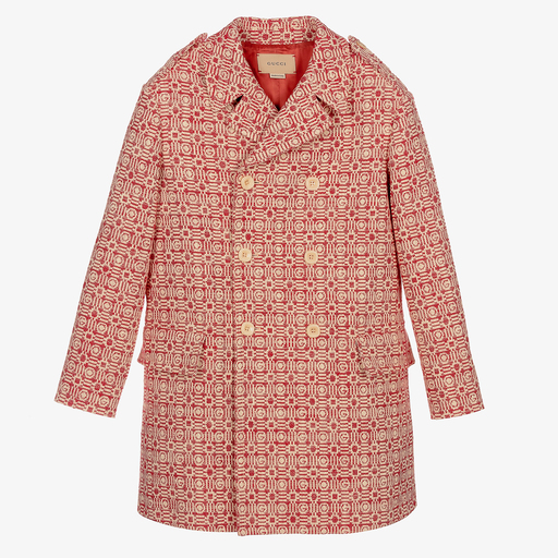 Gucci-معطف تينز ولادي جاكارد قطن لون أحمر وعاجي | Childrensalon