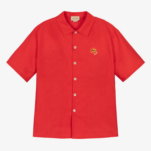 Gucci-قميص تينز ولادي قطن وكتان مطرز لون أحمر | Childrensalon