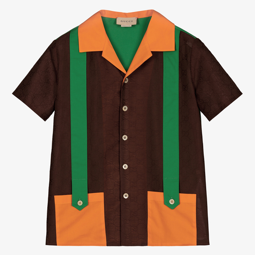 Gucci-Коричневая хлопковая рубашка с принтом GG для подростков | Childrensalon