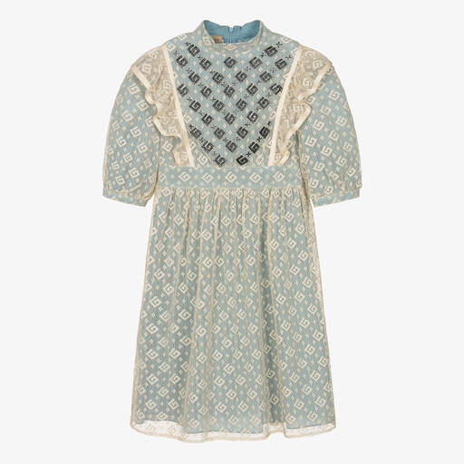 Gucci-Голубое платье с кружевом и принтом G | Childrensalon