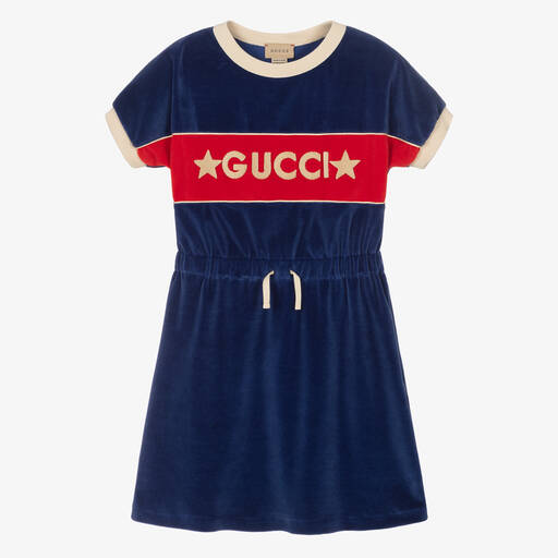 Gucci-فستان تينز بناتي قطن قطيفة لون أزرق | Childrensalon