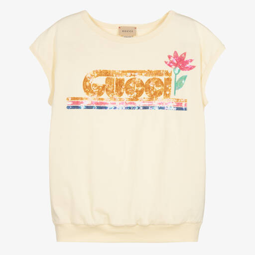 Gucci-تيشيرت تينز بناتي قطن لون عاجي مزين بترتر  | Childrensalon