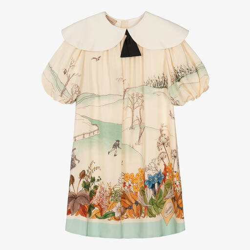 Gucci-Кремовое шелковое платье с цветами | Childrensalon
