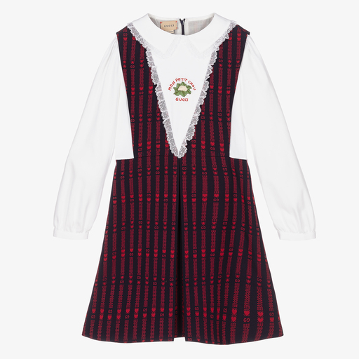 Gucci-فستان تينزبناتي قطن لون كحلي وأحمر | Childrensalon