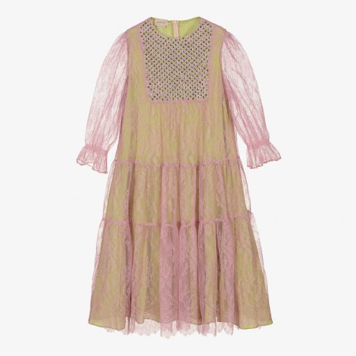 Gucci-Зеленое платье с розовым кружевом для подростков | Childrensalon