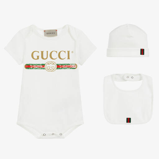 Gucci-White Logo Babysuit Gift Set | Childrensalon