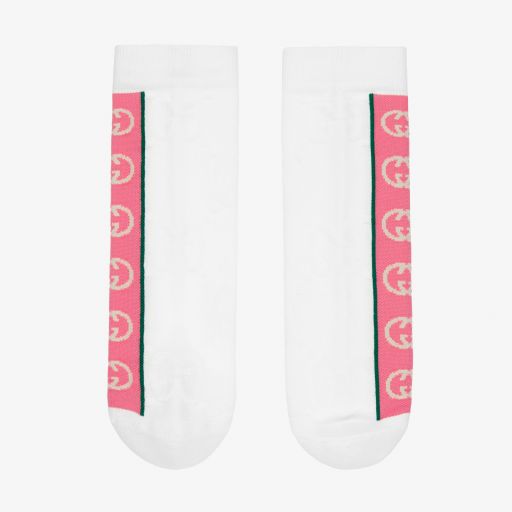 Gucci-Бело-розовые хлопковые носки с принтом GG | Childrensalon