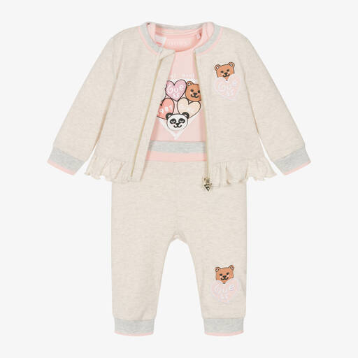 Guess-Baby Girls Beige Cotton Teddy Tracksuit Set | Childrensalon