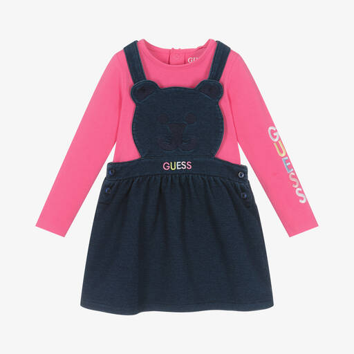 Guess-Baby Girls Blue Bear Dungaree Dress Set | Childrensalon