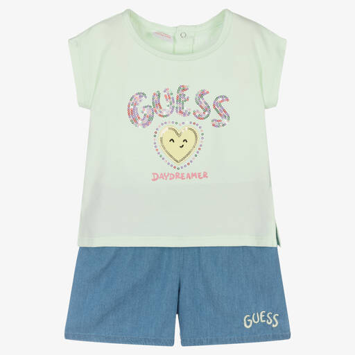 Guess-Baby Girls Green Top & Blue Chambray Shorts Set | Childrensalon