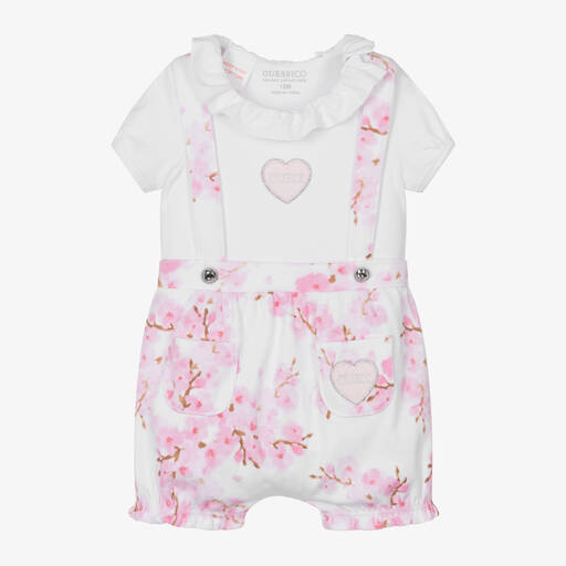 Guess-Baby Girls White & Pink Cotton Shorts Set | Childrensalon