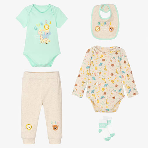 Guess-Beige & Green Cotton Babysuit Set | Childrensalon