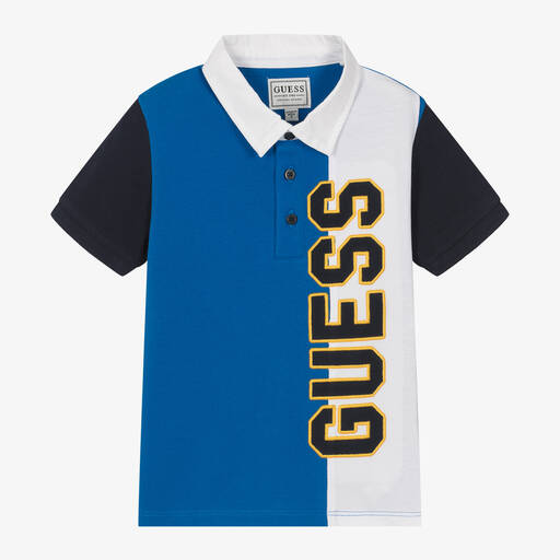 Guess-Boys Blue Cotton Colourblock Polo Shirt  | Childrensalon
