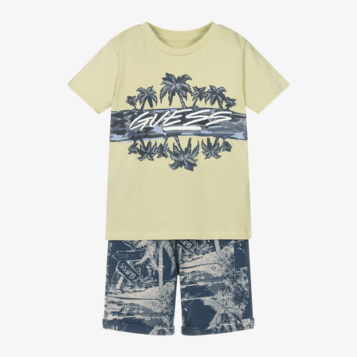 Guess-Boys Green Cotton Palm Tree Print Shorts Set | Childrensalon