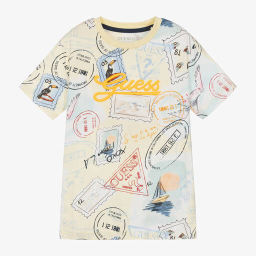 Guess-Boys Pastel Yellow Graphic Cotton T-Shirt | Childrensalon