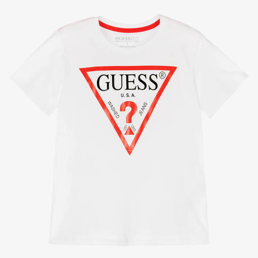 Guess-Boys White Cotton Triangle T-Shirt | Childrensalon