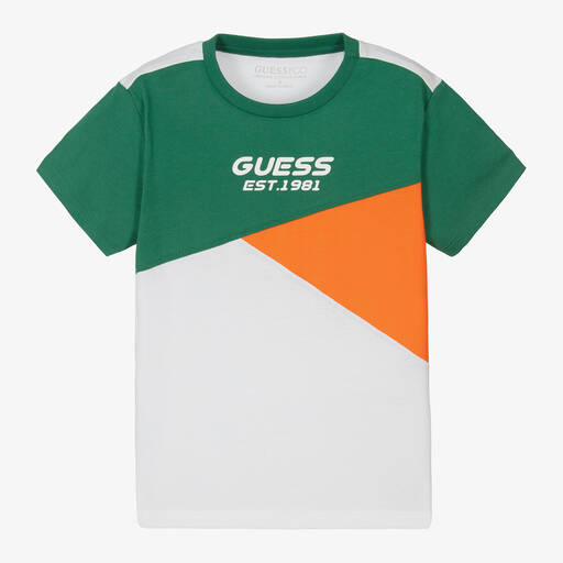 Guess-Boys White & Green Cotton T-Shirt | Childrensalon